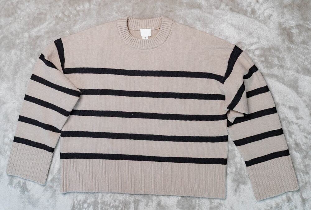 H&M Loose Fit Heather Tan Black Striped Crewneck Sweater Womens Size L
